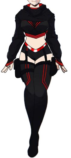 a drawing of a woman in black and red clothes with her hands on her hips