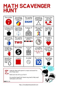 an image of a poster with words and pictures on it that say math scavenger hunt