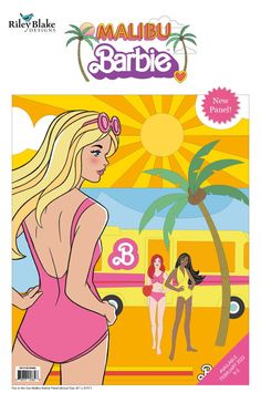 a woman in a pink swimsuit standing next to a yellow bus and palm tree