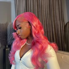 Pink Wig , From Dorsanee Hair , Human Body Wave Hair , Installed Once , 13x4 , Good Hair & Holds A Good Curl #Wig Pink Wigs For Black Women, Pink Hair Styles, Body Wave Frontal, Curl Wig, Pink Wigs, Girl Hair Colors, Creepypasta Cute, Hd Lace Frontal, Wig Color