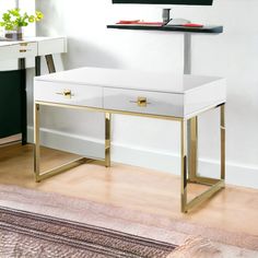 a desk with a computer monitor on top of it next to a rug and chair