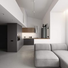 a living room filled with furniture next to a kitchen