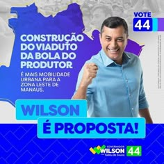 a man is holding his fist up in front of a blue background with the words wilson e proposta