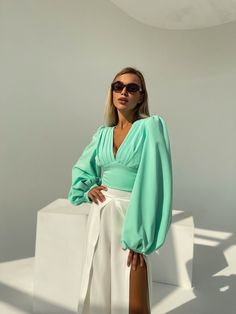 Fabric: Crepe Viscose 50%, Polyester 40%, Elastane 10% Puffed sleeves V-neck Backless V Neck Blouse, Puffed Sleeves, Tiffany Blue, Black Friday Sale, Puff Sleeve, Duster Coat, Cover Up, Mint, V Neck