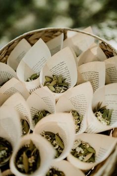 a basket filled with lots of open book pages