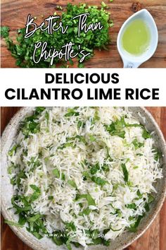 the ingredients to make this delicious cilantro lime rice recipe are shown in separate bowls