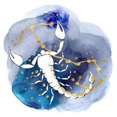 a watercolor painting of a scorpion on a blue and white background with gold dots