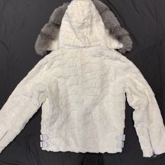 Kashani White Mink Diamond Cut Hooded Silver Fox Bomber Jacket - Dudes Boutique Luxury White Fur Coat With Faux Fur Lining, White Luxury Faux Fur Coat, Luxury White Faux Fur Coat, Luxury White Winter Fur Coat, Luxury White Fur Coat For Winter, Luxury White Outerwear With Faux Fur Lining, White Hooded Fur Coat With Faux Fur Lining, Silver Fox, Mink Fur