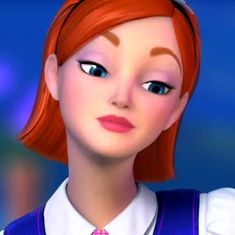 a cartoon girl with red hair and blue eyes wearing a purple vest, white shirt and pink tie