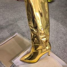 New In Box, Only Worn To Try On. Gold Boots With Round Toe And Medium Width, Trendy Party Boots With Almond Toe, Trendy Flat Heel Boots For Party, Trendy Flat Heel Party Boots, Spring Party Patent Leather Boots, Chic Party Boots Medium Width, Chic Medium Width Boots For Party, Gold Boots For Spring Evening, Trendy Gold Low Heel Shoes