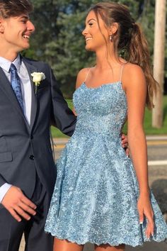 blue sleeveless applique #homecoming dress,lace spaghetti-straps school event dress on Storenvy School Event Dress, Homecoming Dress Short, Homecoming Dresses Lace, Cute Homecoming Dresses, Gaun Fashion, Gareth Pugh, Winter Formal, Lace Homecoming Dresses, Short Prom Dress