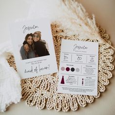 wedding stationery with photo and text on it, next to a lace doily