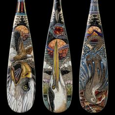 three vases with birds painted on them, one in the shape of a boat