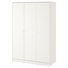 a white wardrobe with three doors and two drawers on the bottom shelf, against a white background