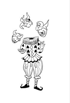 a black and white drawing of a clown with his hands in the air, surrounded by other cartoon characters