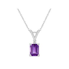 Adorned with an emerald-cut amethyst center stone, and a dazzling diamond accent, this eye-catching pendant completes your elegant look. Adorned with an emerald-cut amethyst center stone, and a dazzling diamond accent, this eye-catching pendant completes your elegant look.Click on this JEWELRY & WATCHES GUIDE to learn about fit, styles, materials and more! Pendant size: 1/2"L x 1/5"W Chain length: 18 in. Chain type: rope Metal: 14k white gold, 14k gold Plating: rhodium Finish: polished Packaging Elegant Purple Rectangular Necklace, Purple Diamond Birthstone Necklace, Emerald Cut Amethyst Birthstone Jewelry, Fine Jewelry With Rectangular Purple Stone, Elegant Purple Necklace, Fine Jewelry With Purple Octagon Shape, Fine Jewelry With Purple Octagon, Fine Jewelry Purple Octagon Shaped, Classic Octagon Amethyst Jewelry