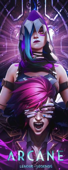 the poster for arcane league of legend's, featuring an image of a woman with