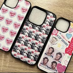 three cell phone cases with pictures of people and hearts on them, one is black and the other is white