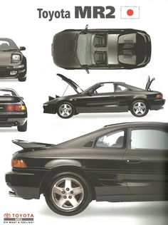 an advertisement for the toyota mr2 is shown in black and white, with four different cars