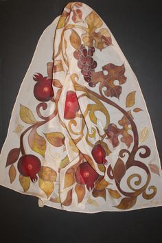 For more visit my store https://www.etsy.com/shop/Abgaryan Hand painted silk scarf Pomegranate Silk and eco friendly colors Dear visitors, please note The scarves are washable, as it has been drawn with special fabric paint. They never get discolored or change color, if you take care right way. Here is some information. Originally white silk has been dyed and painted to other colours, it can be a little thick (hard). Care instruction * Place your silk scarf in warm water with a mild silk-friendl White Handmade Artistic Silk Scarf, Artistic Handmade White Silk Scarf, Artistic White Handmade Silk Scarf, Handmade White Silk Scarves, Ivory Background, Silk Scarf Painting, Hand Painted Silk Scarf, Painted Silk, Hand Painted Silk