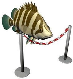 a fish that is sitting on top of a pole with a red and white rope around it