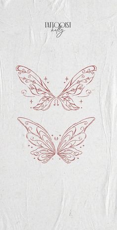 the back side of a white paper with red ink on it, and two butterflies