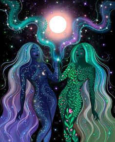 two mermaids standing next to each other in the night sky with stars above them