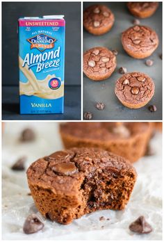 chocolate muffins and milk are shown in this collage