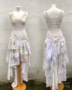 Wedding dress made from antique French lace , boho wedding dress, rustic wedding dress, cottage chic wedding dress in antique crochet and laces. I always create with feelings and a Lot is put into this piece. The alternative wedding dress for the unique bride to be. I see this dress on the beach , forest fairytale wedding an alternative wedding gown in a boho look. The base fabric is elastic and will feel soft on your skin , actually quite easy and comfortable to wear. Skirt is tattered soft tul Wedding Dress Cottage, Alternative Wedding Gown, Lace Boho Wedding Dress, Wedding Dress Rustic, Cottage Chic Wedding, Forest Fairytale, Corset Top Dress, Antique Dress Form, Chic Wedding Dress