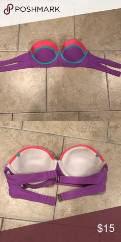 NWOT Strapless Tri-Color Bikini Top New without tags- neon colored strapless bikini top Size medium! Swim Bikinis Neon Color, Tri Color, Swimming, Neon, Size Medium, Bra, Tags, Purple, Fashion Design