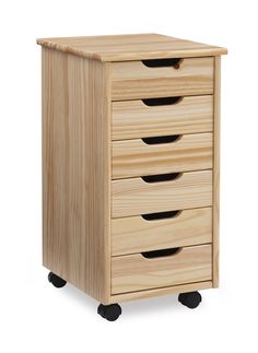 a wooden cabinet with four drawers on wheels