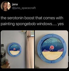 two pictures of the same window and one with an octopus painted on it