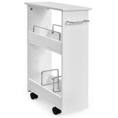 a white cabinet with two drawers on wheels