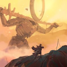 a man standing on top of a hill next to a giant creature