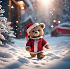 a teddy bear wearing a santa hat and standing in the snow