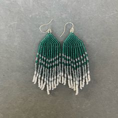 Brand New! Never Been Worn! Emerald Fringe Earrings With Sterling Silver Hooks. Emerald Green, Galvanized Blue Steel And White Seed Beads. Green Ombre, Blue Steel, Beaded Fringe, Fringe Earrings, Beaded Jewelry Diy, Bead Earrings, Jewelry Diy, Sterling Earrings, Designer Earrings