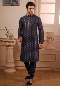 Readymade Art Silk Jacquard Kurta in Navy Blue This Collar Neck and Full Sleeve attire is Allured with Resham Work Available with an Art Silk Churidar in Navy Blue Do note: Footwear shown in the image is for presentation purposes only. Half to one inch may vary in measurement. (Slight variation in actual color vs. image is possible) Designer Pajamas, Navy Blue Art, Blue Kurta, Men's Kurta, Indian Men Fashion, Utsav Fashion, Navy Blue Top, Kurta Pajama, Dupion Silk