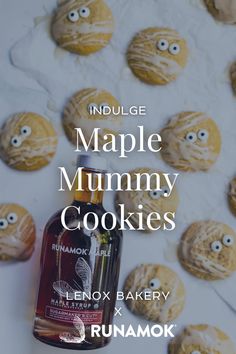 a bottle of maple munny cookies with googly eyes