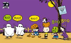 children dressed up in halloween costumes standing around a tree with ghost saying boobo on it