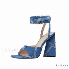 Lasaky - Chic denim shoes with high heels, water-washable, featuring a square toe, thick heel, and unique wraparound lace design Summer Pumps, Unique Heels, Blue High Heels, Denim Heels, Chunky Heel Pumps, Elegant Heels, Fashion Slippers, Womens Denim, Denim Chic