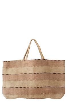 Perfect for an afternoon at the market, a day at the beach or a weekend adventure, this packable jute tote makes an ideal companion on any outing. It's handwoven in Bangladesh using traditional techniques and botanic dyes that give it an earthy, one-of-a-kind look and feel. 23"W x 14"H x 4"D Jute Spot clean Imported Eco-friendly Fair Trade Natural Beach Bag, Fair Trade Natural Beach Bag, Artisan Beige Straw Bag For Market, Summer Fair Trade Tote Beach Bag, Fair Trade Jute Beach Bag For Travel, Beige Fair Trade Straw Bag, Artisan Natural Beach Bag For Daily Use, Artisan Fair Trade Bags For Summer, Fair Trade Natural Beach Bag For Vacation