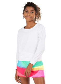 This round neck, drop shoulder, white long sleeve is made from super lightweight polyester. The fabric is rated UPF 50+ for extra fun in the sun. White Crew Neck Top With Upf 50+, Casual White Tops With Upf 50+, Casual White Long Sleeve Top, Scallop Skirt, Scalloped Skirt, Layer Skirt, Love Store, Tennis Shop, Her Closet