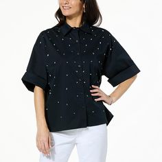 Colleen Lopez Beaded Button-Front Blouse  Designed with a comfortable cotton stretch fabric, this button-front top gives your everyday look a glamorous vibe with its beaded front detail. Embellished Button-up Workwear Blouse, Spring Embellished Button-up Blouse, Front Blouse Designs, Fabric Drape, Short Design, Button Front Top, Draped Fabric, Designer Shorts, Collar Shirt