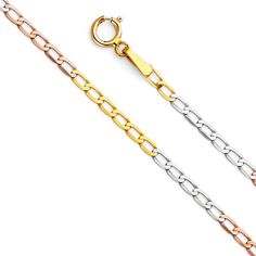 Introducing our Italian-made 14k Gold Tri-Color Solid Figaro Link Chain - a contemporary masterpiece that seamlessly fuses classic design with modern elegance. Crafted with precision in Italy, this chain is a symbol of heritage craftsmanship and timeless luxury. Each link of this chain is meticulously crafted to form the iconic Figaro pattern, a symbol of sophistication and style. Made from genuine 14k gold, it showcases a captivating blend of yellow, white, and rose gold that adds a touch of ra Italian Gold Chain, Fine Gold Jewelry, Figaro Chain Necklace, Figaro Chains, 10k Gold, Tri Color, Gold Material, Spring Rings, Link Chain