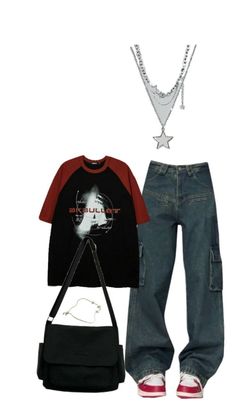 Outfit With Cargo Jeans, Acdc Concert Outfit, Metro Boomin Concert Outfit, Cute Clothes Outfits, Cute Y2k Outfits, Y2k Looks, Oversized Tee Outfit, Y2k Outfits Street Styles, Y2k Fits