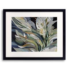 an abstract painting with white flowers and green leaves on a black background, framed in a black frame