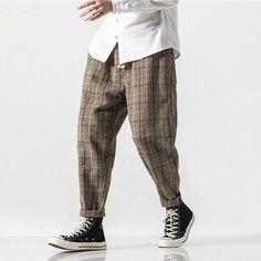 Color: Brown, Size: XS (US) / M (Japan) Retro Streetwear Pants For Fall, Retro Baggy Pants For Fall, Wardrobe Build, Sweatpants Oversized, Japanese Pants, Men Jogger, Harem Pants Fashion, Streetwear Fashion Men, Linen Harem Pants