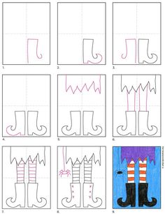 step by step instructions for how to draw boots in the shape of christmas stockings and hats