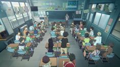 an anime classroom with students sitting at desks