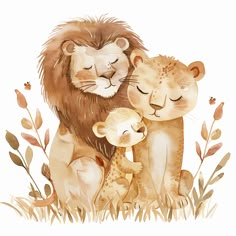 a watercolor painting of two lions and a giraffe with their baby cub